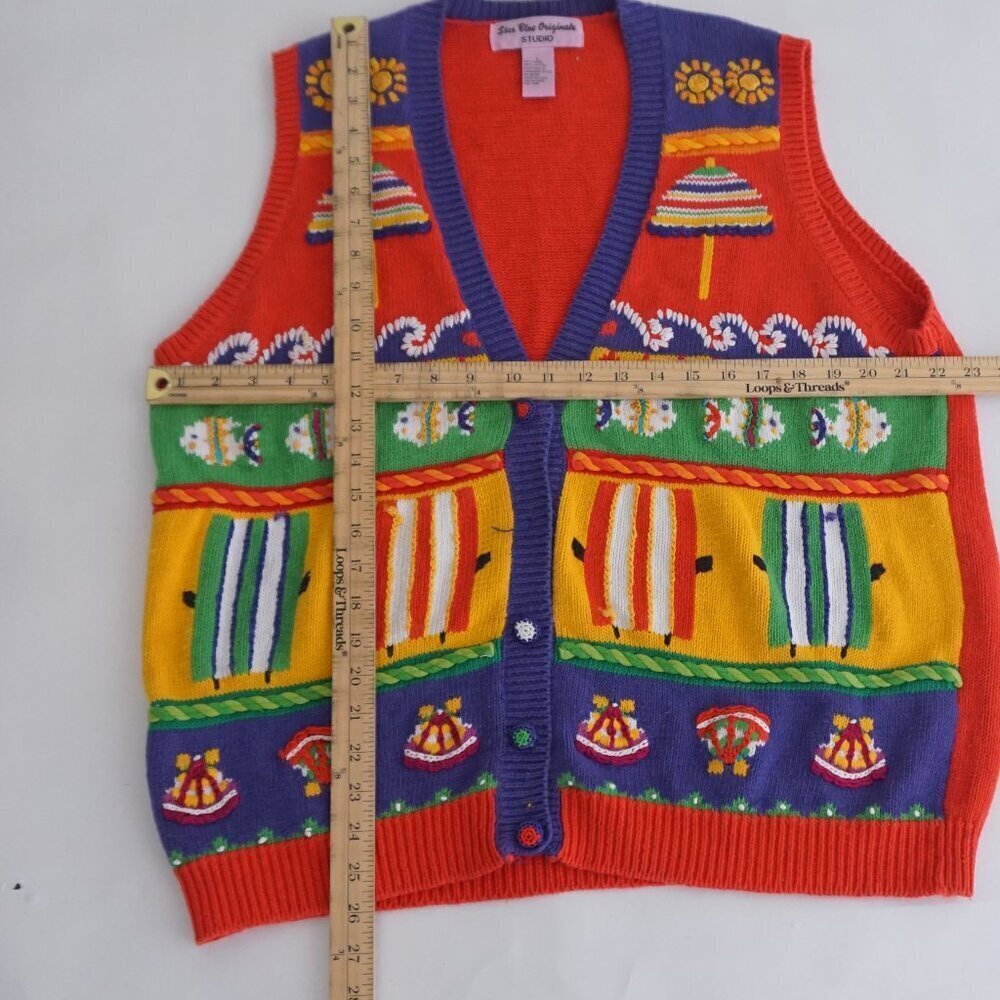 Vintage Star Blue Red Knit Beach Fish Sea Ocean Button Cardigan Sweater Vest L - Picture 4 of 12